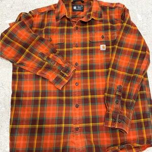 Carhartt Men's Loose Orange Plaid Button-Down Flannel Work Shirt-Large